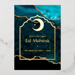 Carte De Vœux En Aluminium Eid Moubarak Turquoise - Turquoise et Agate Or