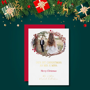 Carte De Vœux En Aluminium Élégant 1er Noël Marié Photo de Mariée Blanc