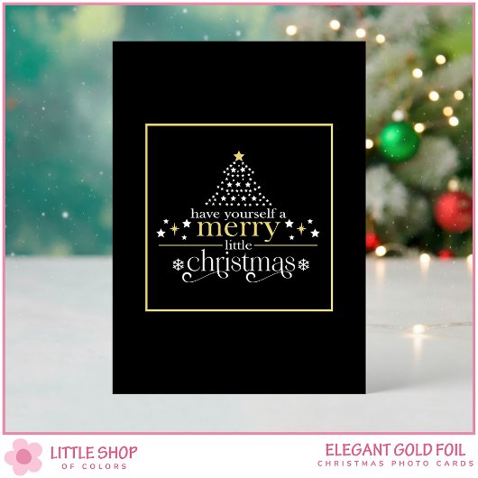 Carte De Vœux En Aluminium Elegant Black Gold Merry Little Christmas Photo