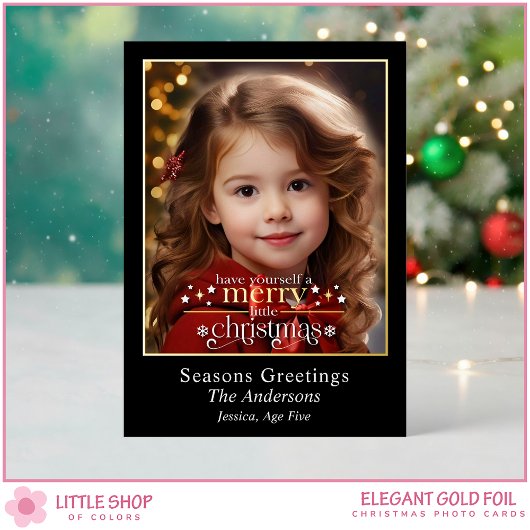 Carte De Vœux En Aluminium Elegant Black Gold Merry Little Christmas Photo