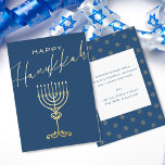 Carte De Vœux En Aluminium Elégant bleu heureux Hanoukka Menorah Gold<br><div class="desc">Une simple mais élégante carte plate Hanoukka bleu foncé avec "Happy Hanoukka" en feuille d'or typographie complémentaire, qui comprend à la fois une police de caractères classique et audacieuse de style bloc et une police d'affichage manuscrite fantaisie balayant la carte. Une élégante menorah dorée est exposée ci-dessous. L'envers a un...</div>