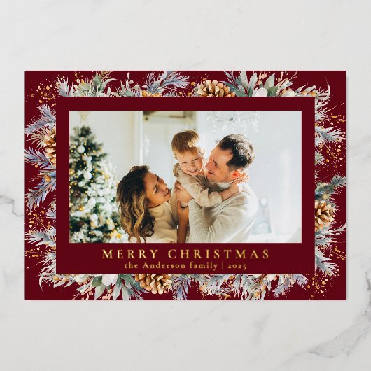Carte De Vœux En Aluminium Elegant Botanical Foliage | Red Merry Christmas (Recto)