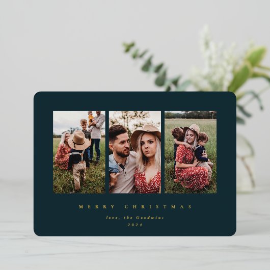 Carte De Vœux En Aluminium Elégant cadre vert foncé minimal triple photo (Debout devant)
