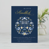 Carte De Vœux En Aluminium Elégant Classy Navy Blue Happy Hanoukka Floral (Debout devant)
