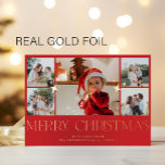 Carte De Vœux En Aluminium Elégant collage photo moderne multi Joyeux Noël<br><div class="desc">Simple minimaliste élégante carte de vacances de Noël sur mesure modèle avec feuille d'or Joyeuse typographie de Noël,  cinq photos,  nom de famille,  et votre texte. Facile à personnaliser des deux côtés !                    Veuillez noter que vous pouvez choisir la couleur du papier : OR,  ARGENT ou ROSEGOLD.</div>