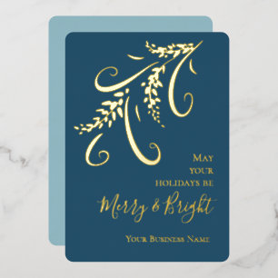 Carte De Vœux En Aluminium Élégant Entreprise Bleu Or Feuille de Noël Fêtes