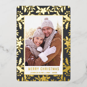 Carte De Vœux En Aluminium Élégant feuillage de Noël 2 Photo Gold Foil