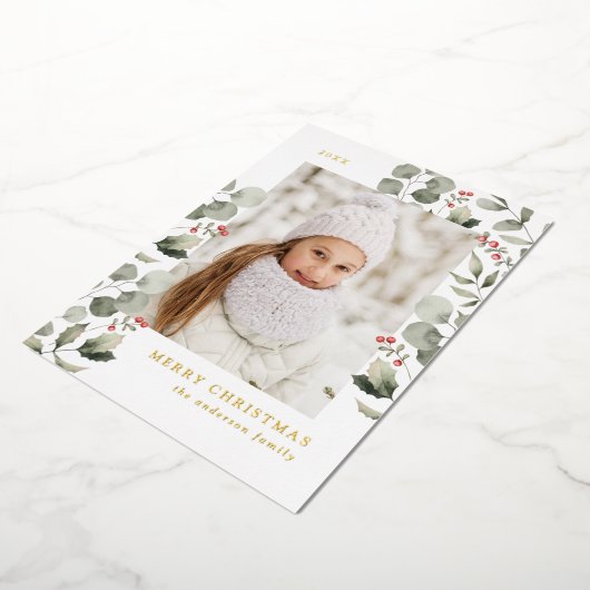 Carte De Vœux En Aluminium Élégant feuillage d'hiver et baies Holly Photo (Rotation)