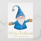 Carte De Vœux En Aluminium Élégant Gnome Bleu Or Joyeux Noël (Recto)