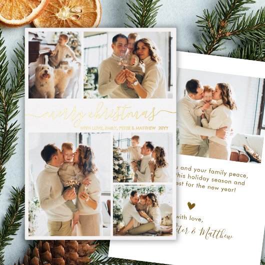 Carte De Vœux En Aluminium Elegant Gold Script 6 Photo Collage Christmas Real