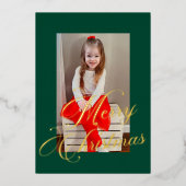 Carte De Vœux En Aluminium Elégant Gold Script Green Frame Photo (Recto)