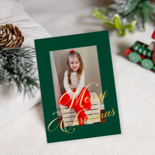 Carte De Vœux En Aluminium Elégant Gold Script Green Frame Photo