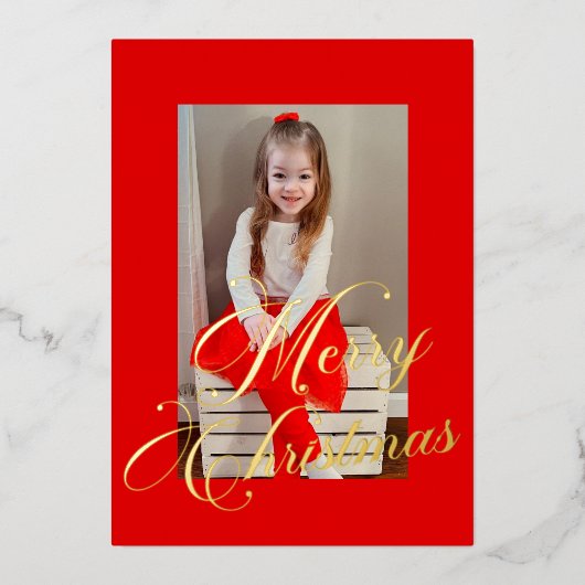Carte De Vœux En Aluminium Elégant Gold Script Red Frame Photo (Recto)
