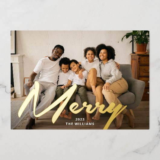 Carte De Vœux En Aluminium Élégant Gras Joyeux Pinceau Script Photo Or Réel (Recto)