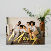 Carte De Vœux En Aluminium Élégant Gras Merry Brush Script Photo Real Gold (Debout devant)