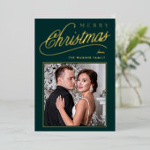 Carte De Vœux En Aluminium Élégant Green & Gold Script Joyeux Noël Photo (Debout devant)