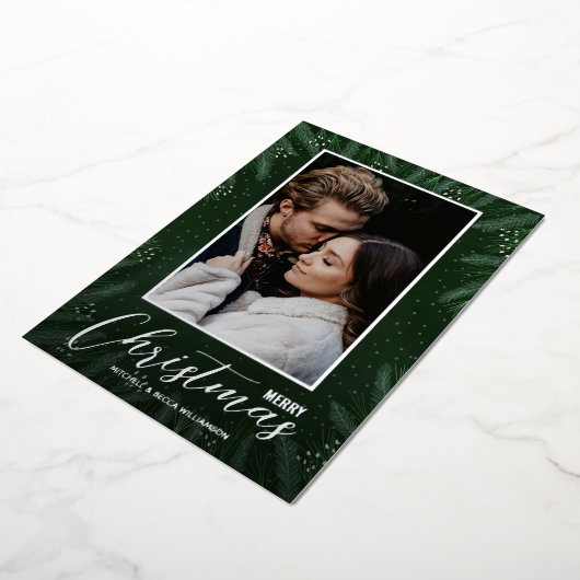 Carte De Vœux En Aluminium Elegant Greenery Merry Christmas Photo (Rotation)