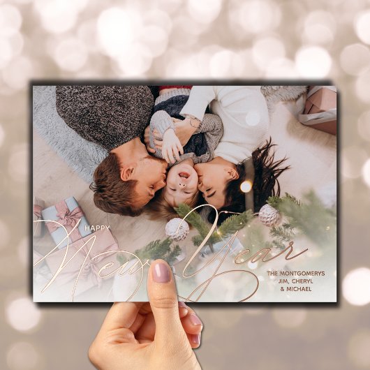 Carte De Vœux En Aluminium Elégant Joyeux Joyeux Script Rose or