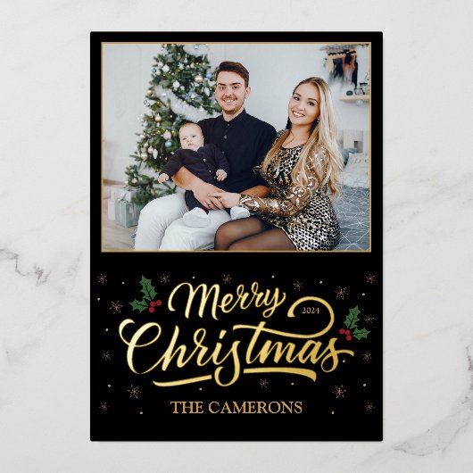 Carte De Vœux En Aluminium Élégant Joyeux Noël Or, Holly Berry (Recto)