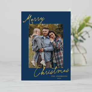 Carte De Vœux En Aluminium Élégant Joyeux Noël Script Bleu Marine Photo