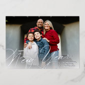 Carte De Vœux En Aluminium Elégant Joyeux Script de Nouvel An Argent (Recto)