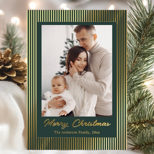 Carte De Vœux En Aluminium Elegant Minimalist Striped Green Christmas Holiday