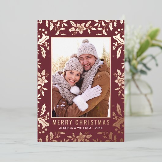 Carte De Vœux En Aluminium Élégant Noël Foliage 2 Photo Rose Gold (Debout devant)