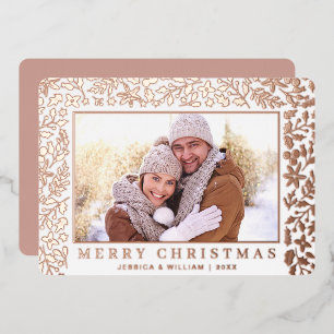 Carte De Vœux En Aluminium Élégant Noël Foliage 2 Photo Rose Gold