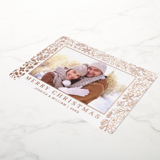 Carte De Vœux En Aluminium Élégant Noël Foliage 2 Photo Rose Gold (Rotation)