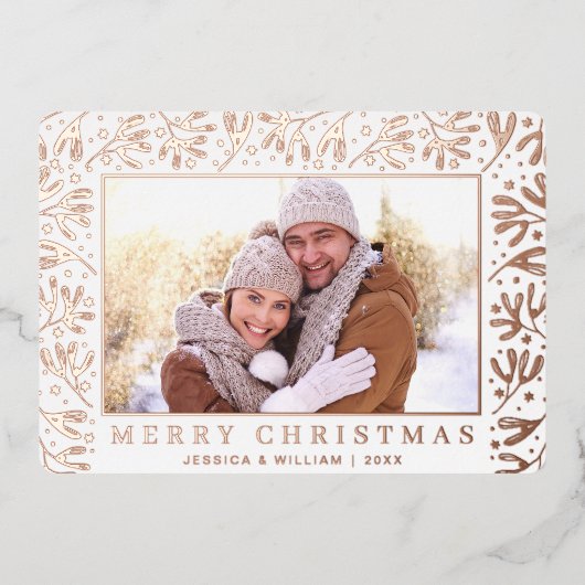 Carte De Vœux En Aluminium Élégant Noël Foliage 2 Photo Rose Gold (Recto)