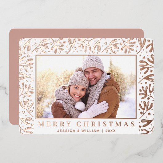 Carte De Vœux En Aluminium Élégant Noël Foliage 2 Photo Rose Gold (Recto/Verso)