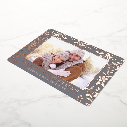 Carte De Vœux En Aluminium Élégant Noël Foliage 2 Photo Rose Gold (Rotation)