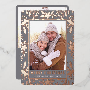 Carte De Vœux En Aluminium Élégant Noël Foliage 2 Photo Rose Gold