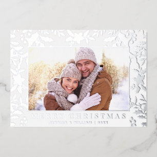 Carte De Vœux En Aluminium Élégant Noël Foliage Photo Argent
