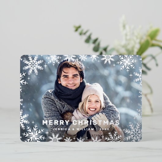 Carte De Vœux En Aluminium Élégant Noël Foliage Photo Argent (Debout devant)