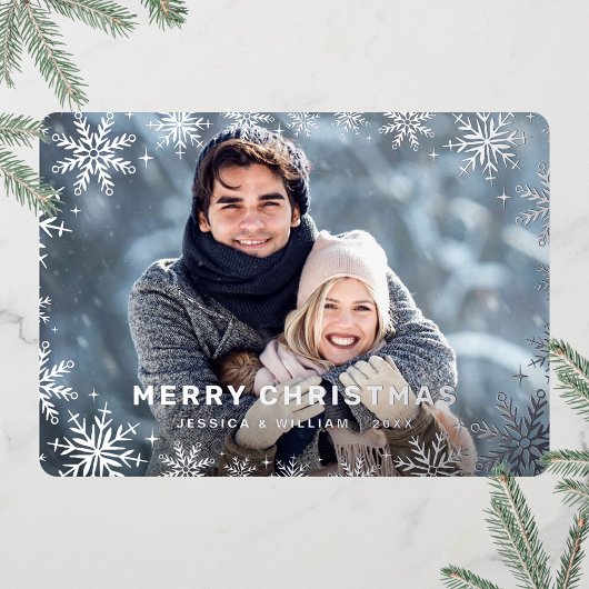 Carte De Vœux En Aluminium Élégant Noël Foliage Photo Argent