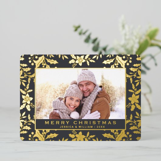 Carte De Vœux En Aluminium Élégant Noël Foliage Photo Or (Debout devant)