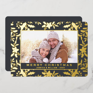 Carte De Vœux En Aluminium Élégant Noël Foliage Photo Or