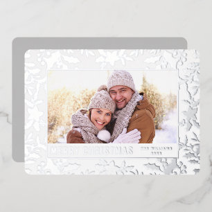 Carte De Vœux En Aluminium Elégant Noël Foliage Photo Rose Argent
