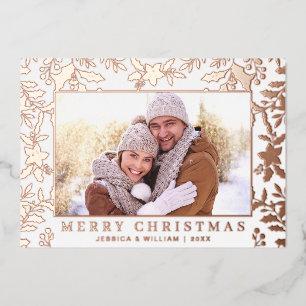 Carte De Vœux En Aluminium Élégant Noël Foliage Photo Rose Gold