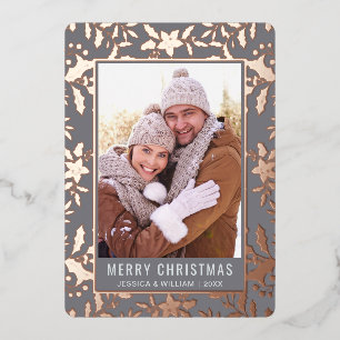 Carte De Vœux En Aluminium Élégant Noël Foliage Photo Rose Gold