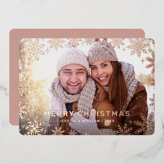 Carte De Vœux En Aluminium Élégant Noël Foliage Photo Rose Gold (Recto/Verso)