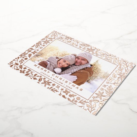 Carte De Vœux En Aluminium Élégant Noël Foliage Photo Rose Gold (Rotation)