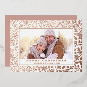 Carte De Vœux En Aluminium Élégant Noël Foliage Photo Rose Gold