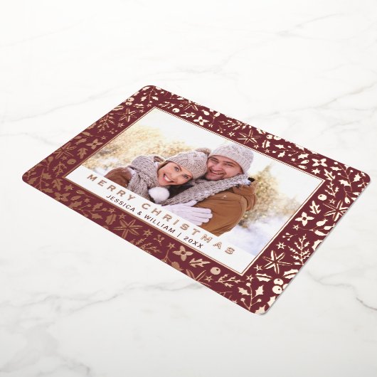 Carte De Vœux En Aluminium Élégant Noël Foliage Photo Rose Gold (Rotation)