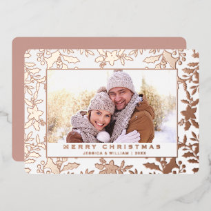 Carte De Vœux En Aluminium Élégant Noël Foliage Photo Rose Gold
