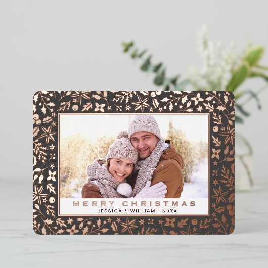 Carte De Vœux En Aluminium Élégant Noël Foliage Photo Rose Gold (Debout devant)