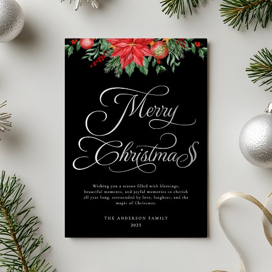 Carte De Vœux En Aluminium Élégant Noir et Argent Script Noël festif