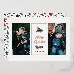 Carte De Vœux En Aluminium Élégant Peint Holly Deux Photo Joyeux Noël