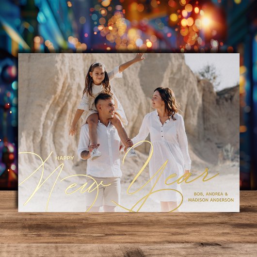 Carte De Vœux En Aluminium Elegant Photo Happy New Year Script Gold